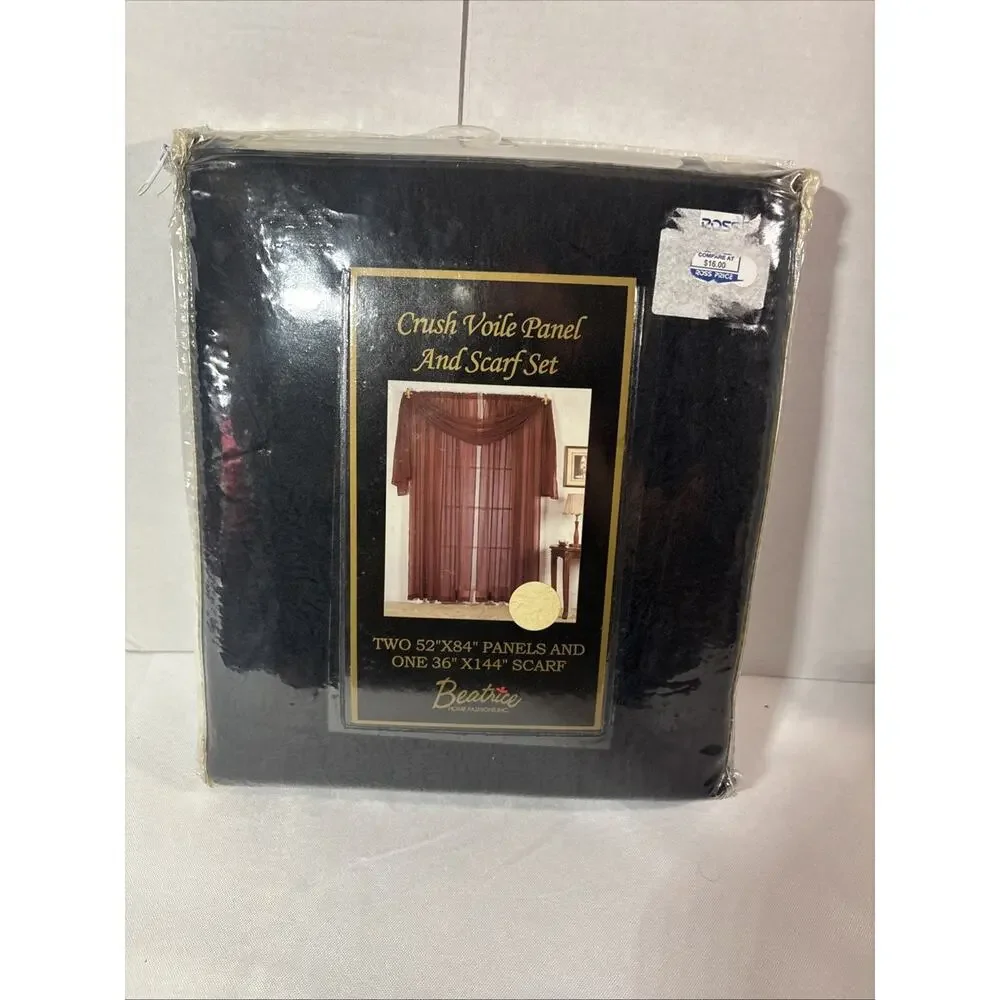 Beatrice Crush Voile Sheer Curtain Set 2 Panels 52x84 Scarf Valance 36x144 Black